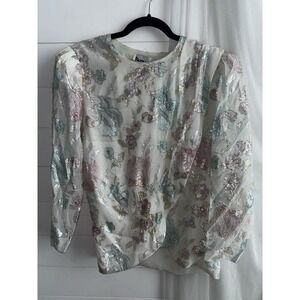 Vintage Patra women's Dressy wrap Blouse floral‎ metallic shoulder pads size 12